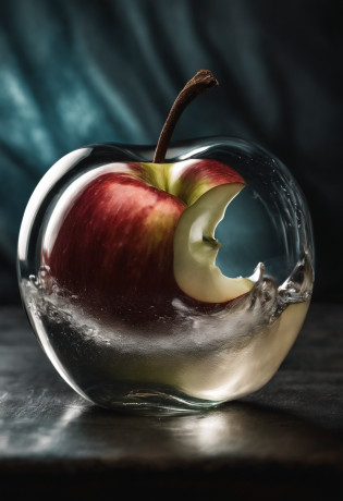lovely double exposure image by blending together a stormy sea and a glass apple. The sea should serve as the underlying backdrop, with its details subtly incorporated into the glossy glass apple, sharp focus, double exposure, glossy glass apple, (translucent glass figure of an apple) (sea inside) lifeless, dead, glass apple, earthy colors, decadence, intricate design, hyper realistic, high definition, extremely detailed, dark softbox image, raytracing, cinematic, HDR, photorealistic (double exposure:1.1)