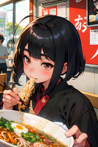 araffe eating noodles with chopsticks in a restaurant, eating ramen, eating noodles, shikamimi, the hime cut, chiho, ramen, she has black hair with bangs, sui ishida with black hair, noodles, kimi takemura, white hime cut hairstyle, black hime cut hair, shinsui ito, kotegawa yui