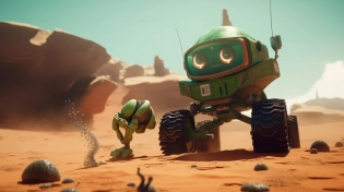 small green alien with big hands, smashing the mars rover vehicle on the surface of mars --ar 16:9