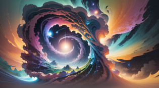 A breathtaking oil painting showcasing the creation of the world: In vibrant hues of blue, green, and gold, a celestial being stretches out its hands, forming galaxies and constellations with every touch. The strokes of the brush mimic the movement of cosmic energy, bringing to life the birth of stars and planets. Swirling nebulae dance in the background, while a divine aura emanates from the central figure, signifying the immense power and beauty of the universe taking shape.An awe-inspiring photograph capturing the creation of the world: Against a backdrop of a serene sunrise, the silhouette of a majestic mountain range rises from the misty horizon. Rays of golden light cascade through the clouds, illuminating a lush valley below. In the foreground, a crystal-clear lake mirrors the grandeur above, reflecting the birth of nature's wonders. The image evokes a sense of tranquility and harmony, as if witnessing the genesis of a pristine and untouched world. A mesmerizing mixed media artwork embodying the creation of the world: Using a combination of acrylic paints, collage elements, and intricate pen strokes, the artist creates a multi-layered composition. Delicate flora and fauna emerge from a vibrant primordial soup, symbolizing the origin of life. Ethereal wisps of color blend seamlessly, depicting the swirling chaos of creation gradually giving way to order. The artwork invites viewers to explore the interplay between chaos and harmony in the genesis of our world. A captivating digital illustration envisioning the creation of the world: In a fusion of mythical and scientific imagery, a colossal cosmic being stretches across the vast expanse of space. Its iridescent body emits pulsating energy, generating celestial phenomena such as supernovas and quasars. Glowing particles and ethereal tendrils of light weave through the cosmic tapestry, as the being weaves the fabric of reality itself.