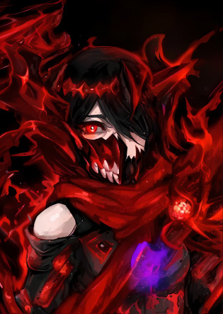 a close up of a person with a red and black costume, with red glowing eyes, fully red eyes, gapmoe yandere grimdark, with glowing red eyes, epic anime style, helltaker, red glowing eyes, glowing red eyes, fully red eyes no pupils, his eyes are red and glowing, red eyes glowing, villain wearing a red oni mask
