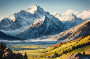 mountains with a valley in the foreground and a few trees in the foreground, 4k hd matte digital painting, stunning digital painting, 4 k matte painting, beautiful art uhd 4 k, beautiful oil matte painting, 4k highly detailed digital art, illustration matte painting, by Franz Hegi, gorgeous digital painting, 8k stunning artwork, detailed painting 4 k