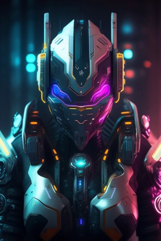 dreamlikeart, digital art, digital painting, anime, portrait of futuristic military cyborg, cyberpunk, warframe, stealth, armored, neon lights, character design, hard surface, smooth, detailed face, highly detailed, intricate details, symmetrical, volumetric lighting, ambient light, real-time, vfx, digital 3d, uhd, hdr