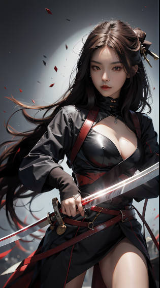 Masterpiece, superlative, 8k wallpaper, a woman holding a katana, surreal, blood, resolute eyes, sword light