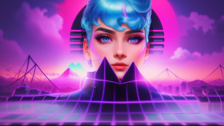 a close up of a person with a futuristic face and a mountain in the background, synthwave art, 8 0 s synthwave, 80s style synthwave, synthwave aesthetic, vaporwave sci - fi, vaporwave art, synthwave art style, vaporwave style masterpiece, vaporwave lighting style, vaporwave style, synthwave art style ]!!