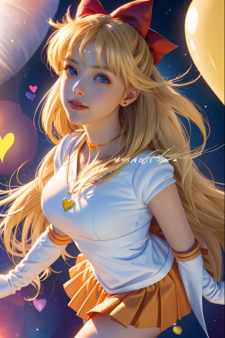 (masterpiece, best quality;1.3), extremely detailed CG, ultra detailed, 1girl, solo,  smile,  looking at viewer, stylish ungle, blonde long hair,blue eyes,
sv1, sailor senshi uniform, orange skirt, elbow gloves, tiara, orange sailor collar, red bow, orange choker, white gloves, jewelry, from above,
many hearts, face focus,Venus,tornado,abstract background, hearts storm, haert beam, heart bubbles, heart baloons, haert stars, heart flowers, HEART LIGHTS, heart world, heart background, galaxy background, heart weapon, heart aura,