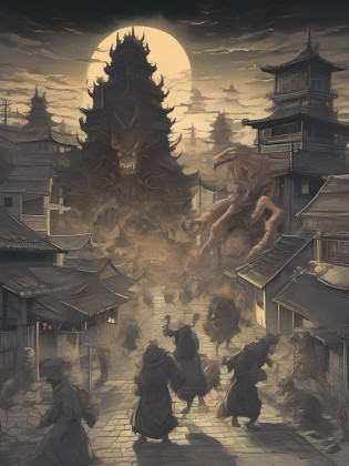 An illustration of strange beings such as demons and monsters moving in groups.

Time of day: night
Location: Japanese town
Person: Strange beings such as demons and monsters
Characteristics of the presence of anomalies:
have a different appearance and abilities from humans
There are various types such as demons, monsters, and monsters.
scene:
Strange beings are moving in groups through the city at night.
The grotesque existence melts into the darkness of the city at night and emits an eerie presence.
In the illustration based on this prompt, strange beings such as demons and monsters move in groups through a city at night. The grotesque presence melts into the darkness of the city at night and emits an eerie presence.