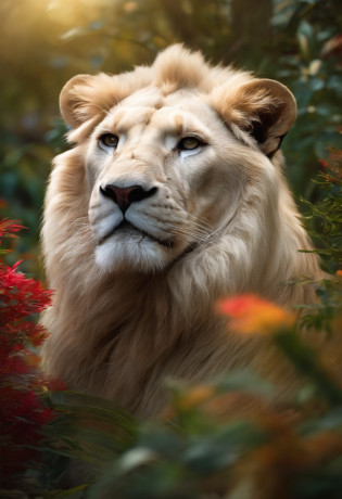 White lion, Wet fur, Brightly colored vegetation in the environment, ultra-detailliert, intricate artwork, 8K ultra-realistic cover photo with dazzling colors, Illuminate the night in the background, Convoluted. Defining Blockbusters, Cinematic, A realistic masterpiece of photography in 8K resolution: