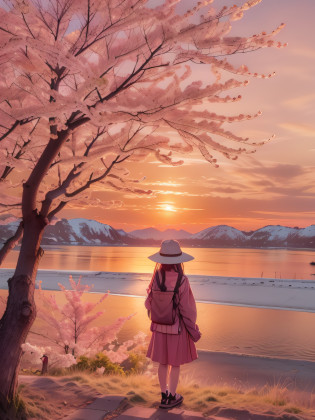 Cherry blossoms in front of mountains on sunset background, sunset glow, beautiful sunset glow, Vibrant sunrise, Cold sunset, pink golden hour, brilliant sunset, Red Pink Sunset, Sunrise colors, Pink sunset, pastel orange sunset, orange / Pink sky, Sunset color, Red sky, Sunset Red and Orange, Red sunset, Shades of pink sunset, Red and orange glow,High school girl watching sunset,