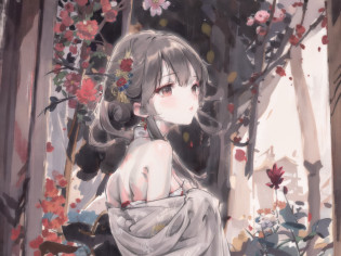 masterpiece, best quality, highres, <lora:Moxin_10:0.7> , 1girl, long hair, medium breasts, china dress, <lora:elegantHanfuRuqun_v10:0.8>, (elegent,) from side, looking back, upper body, partially immersed, flowers, east asian architecture, outdoors, flowers in the sky