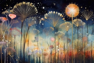A night painting of an abstract ethereal semi - transparent irridecent tropical paradise at night in the style of Jane Crowther, rainbow lighting impressive skies