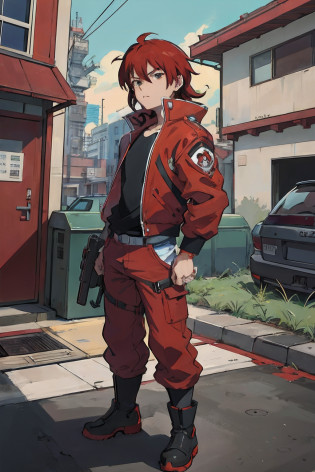Anime character in red uniform standing on street corner with car in background, No estilo de Akira, Akira Estilo de Arte, personagem estilo anime, akira style illustration, Akira Estilo de Arte, jett de valorant, estilo de anime limpo e detalhado, estilo akira, Akira vibra, Epic anime style, Akira estilo de filme, Paleta de cores Akira, Cushart Kenz, 8 0 s estilo anime