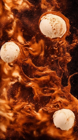 unstirred paint, bubbles, oil, studio lighting , earthy colours, trending on artstation, swirly, ice cream, slight use of colours, powder, cinnamon explosions, melting drips, honey drips, caramel, chocolate chips, motion blur, bokeh
