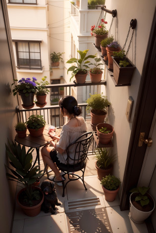 eventide?My mom was on the balcony?The balcony was wide ? A long stainless steel lattice was added to the outer edge of the balcony?It was filled with potted plants and flowers? ?There is a drying rack hanging from the top of the balcony ?My mom sat on a small yellow wooden bench?Next to the bench lay a small black poodle?