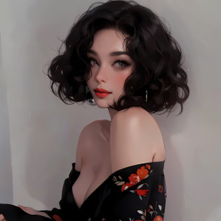there is a woman with a black dress and orange lipstick, dark short curly hair smiling, short curly hair, curly middle part haircut, curly and short top hair, (dark shorter curly hair), wavy short hair, short wavy hair, wavy and short top hair, very short curly hair, short dark hair, curly dark hair, french bob hair, vibrant dark wavy hair