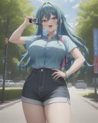 girl, happy, big breasts, long curly hair, neon blue hair, best girl hair, neon blue shorts, neon blue shirt with buttons, at a park, taking a picture of the park with a camera, holding camera, cute. anime, professionally color graded, HDR, anime faces, hyper resolution, created by Artgerm, Greg Rutowski volumetric lighting, intricately detailed outfit, octane engine, dramatic lighting