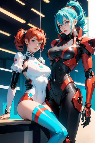 Two anime girls in latex posing for photos, biomechanical oppai, an oppai cyberpunk, Chic, vermillion and cyan, red and cyan, Anime Girls, oppai, cutesexyrobutts, oppai proportions, two beautiful anime girls, Ecchi anime style, Ecchi style,