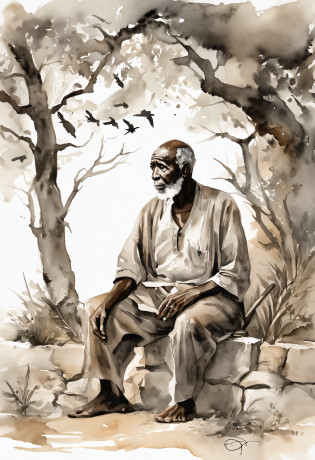 SeaArt Positive Prompt:

Embark on a journey of emotions: Create a monochromatic masterpiece portraying an elderly black man seated on a wooden crate. Amidst a sea of solitude, he emanates a dignified presence. Native Brazilian birds, including swallows, parrots, and other species, form an intricate dance in the sky around him. One compassionate bird tenderly shields his face, bestowing a sense of solace. The man's attire, humble yet dignified, resonates with the essence of his character. With arms resting gently, he gazes ahead, capturing a moment of quiet strength and contemplation amidst nature's symphony.

SeaArt Negative Prompt:

Capture the essence of solitude: Illustrate a grayscale tableau, featuring an elderly black man seated on a wooden crate. Immersed in isolation, his figure embodies a poignant solitude. Native Brazilian birds, among them swallows, parrots, and avian natives, encircle him, forming a stark contrast against the backdrop. One bird, with an air of melancholy, shrouds his face, creating an aura of vulnerability. Clad in modest attire, he sits with a posture weighed by life's burdens. His expression, hidden from view, contributes to the image's sense of isolation and quiet sorrow.