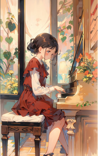 7. Music night?A talented young girl sits at a piano?She wore a maroon dress?Fingers gently play warm melodies?Notes flutter in the air?