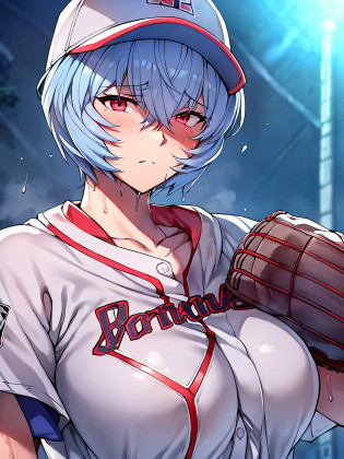 Masterpiece++, Best quality++, Ultra-definition++, Ultra-definition++, 4k++, 8k++, (background focus)++, very detailed, ((ballpark))++, (1 person), ((( Evangelion Ayanami Rei))) +++, ((baseball player)), (((baseball uniform))) +++, ((((throwing form))))++++((baseball in right hand) )++, ((mature woman playing baseball))++, (baseball hat), (baseball glove in left hand), blush, (wristband on wrist), (gray hair), (super shiny hair and skin ), (Nikko), ((beautiful)), sweaty body, cleavage, lively, sweating, serious expression, perfect eyes, perfect hands, perfect nose, Evangelion Ayanami Rei, bright atmosphere , (wet effect)+, (light effect), (cinematic light)+, (light cinematic)+