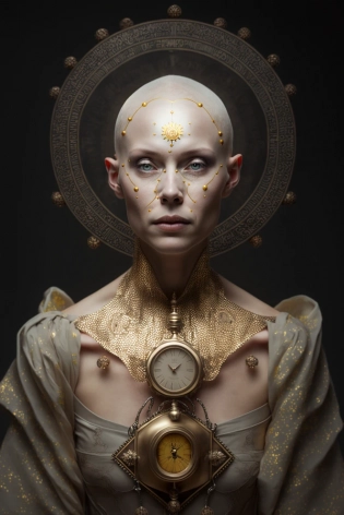 woman without hair on her head in full growth with a gold watch around her neck, black background, 3d, realism, render, cinema light, cinematic, high detail --ar 9:16