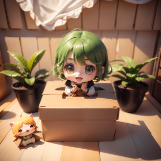 Cute Baby Chibi Anime(((Chibi 3D))) (Best Quality), (masutepiece)?Dark green hair?Open your mouth and smile?Chibi Cardboard House?specimen?houseplant?Dazzling light in the morning?(Sit on cardboard:1.5)?in a house?a small face????A detailed face?Jewelry Decoration Costumes?