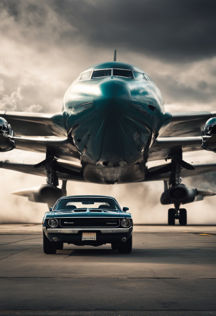 Against the backdrop of a Boeing 747,A black Dodge Challenger is parked on the runway,overcast day,Sense of oppression