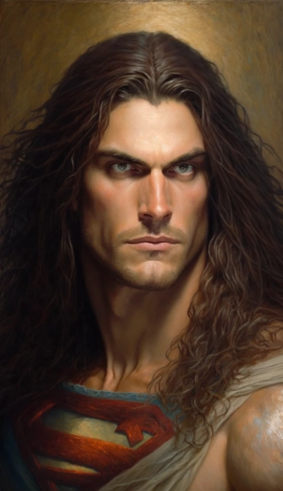Leonardo Da Vinci oil painting, superman portrait, staring at camera, intricate and meticulous brushstrokes, extremely fine detailed, realistic --no cartoon