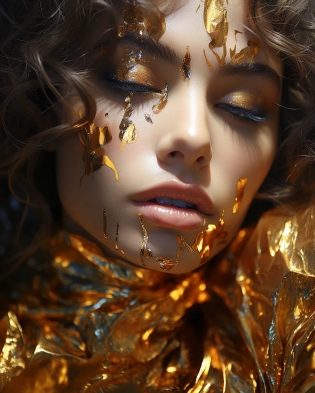 a young woman in a golden dress with glitters covering her face, in the style of hyper-realistic oil, sun-kissed palettes, blink-and-you-miss-it detail, fairycore, elsa bleda, youthful energy, amber, Fujifilm X-T4, Sony FE 85mm f/1. 4 GM --ar 45:56 --s 1000 --style raw --v 5. 2