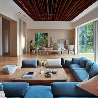 high resolution photography interior design, dreamy sunken living room conversation pit, wooden floor, small windows opening onto the garden, bauhaus furniture and decoration, high ceiling, beige blue salmon pastel palette, interior design magazine, cozy atmosphere
