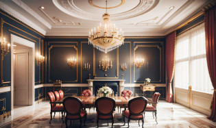 As you step into the dining room, you find yourself in a palatial atmosphere. The marble floor and fireplace radiate a sense of grandeur, while the tall plaster ceiling showcases opulent chandeliers and exquisite wooden ceiling designs. The carved dining table and chairs exude luxury, and silk curtains and delicate tableware display fine taste. Victorian-style oil paintings and golden decorations hanging on the walls fill the entire space with a sense of palatial luxury.