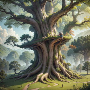 In this vast world, a tall Tongtian God Tree stands majestically, with a thick trunk and a green crown, making people feel its incomparable majesty and mystery.

The height of this Tongtian Divine Tree is immeasurable, and its trunk is straight, seemingly connecting the surface of the earth and the heavenly dome. Its trunk is covered with lines and folds, indicating that it has endured countless years of wind and frost, wind and rain. The trunk has countless braid-like tangled roots, extending outward from the top of the trunk, like long thick hairs extending from the trunk.

The canopy of the trees is in the clouds, and the branches and leaves cover the sky, giving people a feeling of covering the sky. Each leaf takes on an emerald green hue, revealing a mesmerizing world, and the entire canopy is shrouded in a mysterious atmosphere.

The whole picture uses a strong natural tone, dark green leaves blending with brown trunks, growing in an incredible ground, condensing a deep and concentrated force of nature.