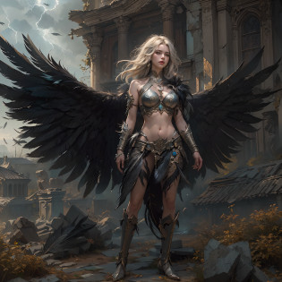 (Numerous award-winning masterpieces, with incredible detail, textures and maximum detail), (full-body standing image:1.8), (upper body up:0.3), (hyper realistic:1.4), (realistic:1.3), (best quality real texture skin), (Lord's Hell Demon Warrior: 1.6), (Holds a sinister straight sword hilt that emits an elaborately decorated glow of hellfire: 1.9), (finely detailed true circle Symmetrical eyes), (finely drawn beautiful face), ((medieval world)), (Full body armor with delicate decoration that gives off a sinister shine: 1.8), (full-body standing image:1.8), (Beautiful yet evil eyes), (Smiling cruelly), (Eyes of a sinister color filled with malice), (Majestic thunderclouds and sky with shining lightning: 1.4), (halo optical phenomenon:1.3), Dramatic Light, majestic sight, (Large wings with Jet black feathers behind the shoulders:1.7), (((Folded wings))), Glass earrings on the ears, (((dramatic photo))), (full-body standing image:1.8), (Sacred Pose), (golden hair), (silver hair), (chestnut hair), Short cut hair, ((looks up)), ((looking down)), (Around her neck is a simple necklace of exquisite workmanship), Old ruins infested with plants, great temple, great cathedral, temple ruins, detached temple, (Luminous magic circle), Ruins of an ancient castle, Deserted ruins, crumbling ruins, Ancient ruins with clear water, highly detailed, ultra-realistic, intricate details, painting (artwork), ((masterpiece,best quality)), ((cinematic light)), hyper realistic, fearsome, dark fantasy, Sacred Light, epic realistic, faded, ((neutral colors)), art, (hdr:1.5), (muted colors:1.2), hyper detailed, (art station:1.5), cinematic, warm lights, light effect, dramatic light, (intricate details:1.1), complex background, (Greg rutkowski:0.8), (teal and orange:0.4),