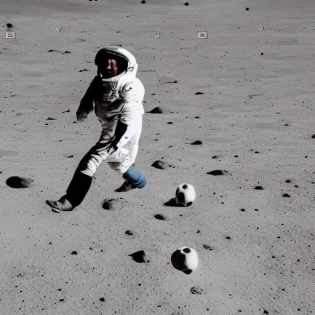 black man playing soccer on the moon with the alines all the people watching him