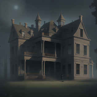 There is a large old house with a spooky look on it, creepy mansion, Gothic mansion, an old abandoned mansion, location of a dark old house, sinister nostalgic concept art, background art, haunted house, photorealistic dark concept art, Victorian mansion, haunted background, woman in white in window, creepy ghost, sinister white ghost, highly detailed sinister, sinister art style,  mysterious exterior, haunted gothic hotel, haunted painting