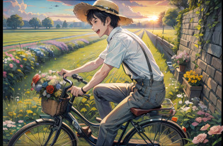 Miyazaki's painting style?A young boy with?Wear suspenders?Riding a bicycle?Flowers on the front rack of a car?very happily?Laughing heartily?With a straw hat?The background is the field?Side close-up view?the sunset