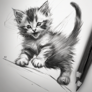 a black and white drawing of a cute kitten play in motion, a drawing by Ilya Ostroukhov, Artstation, pencil sketch, ink drawing