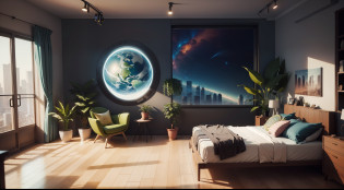 there is a bedroom with a bed and a chair in it, solarpunk room, solarpunk bedroom background, cozy retrofuturism 9 0 s bedroom, solarpunk decoration, solarpunk retro apartment, solarpunk interior, solarpunk teen room, galaxy themed room, futuristic d�cor, solarpunk children's room, solarpunk apartment, solarpunk environment, solarpunk apartment, in a solarpunk themed room, solarpunk looking living room,  many plants