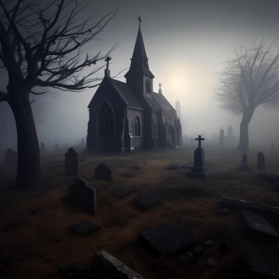 Very old medieval chapel in a middle of a hill surrounded by tombs and dead trees, thick foggy morning, eerie, creepy, and scary scene, dark and haunting, ultra-detailed, photography, realistic, 8k --s 750
