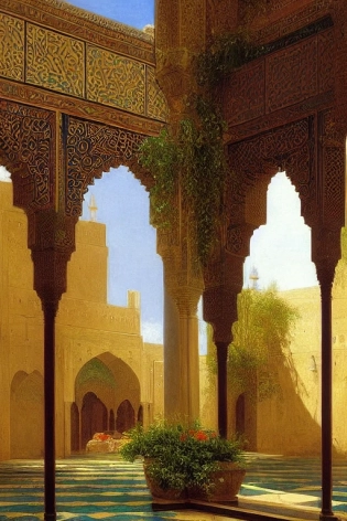 Hanging gardens, architecture, monastery, mosque, vibrant flowers. Persian moroccan architecture, by Jean Leon Gerome, Asher Brown Durand. --test --h 384