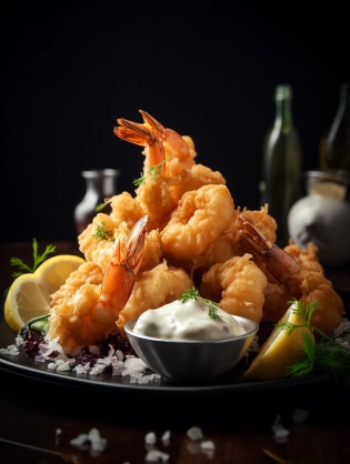 style: close-up shot | genre: gourmet | emotion: tempting | scene: fried shrimp platter with tartar sauce | tags: high-end food photography, celan composition, dramatic lighting, luxurious, elegant, mouth-watering, indulgent, gourmet | camera: nikon z7 | focal lenght: 105mm | shot type: close-up | composition: centered | lighting: soft directional light | production: food stylist | time: evening | location type: interior --ar 3:4 --v 5