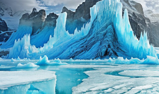 glacial lake with interconnected ice cliffs forming bridges to a blue tower in the center, water nation, water kingdom, large ice castle with lots of ice on it, surreal frozen landscape, ice bottom pillars, ice city, icy landscape, ice planet, icy tundra bottom, ice cream, ice mine, ice mountains in the distance,  Blue ice, ultra-realistic, ultra-detailed, high fantasy