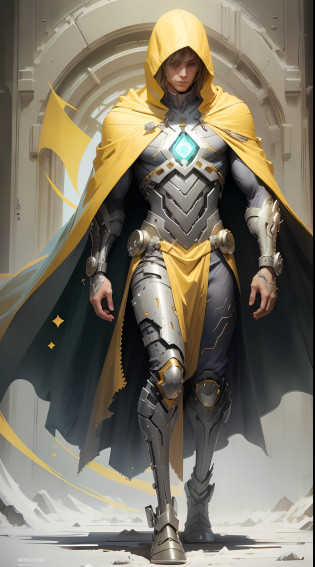 Draw a hero wearing a green and gold costume with futuristic details. The suit should look technological and advanced, with bright lines and cybernetic elements. The hero must wear a white hood that covers his head but leaves his face exposed, and a white cape that extends from his left shoulder to his left ankle, giving him an asymmetrical and dynamic look. The hood and cape should have an elegant and fluid appearance, suggesting movement even when the hero is stationary. Feel free to add any other details or accessories you see fit to enhance the futuristic aspect of the hero. Remember that the main emphasis is on the design of the costume, hood and cape, and your creativity is welcome to make the hero unique and impressive