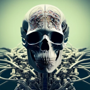anatomical correct detailed skull, cyborg head, Dramatic, Dark, Super-Resolution, Evil, Neon Lamp, Cinematic Lighting, Chromatic Aberration, insanely detailed and intricate, hypermaximalist, elegant, ornate, hyper realistic, super detailed, Unreal Engine