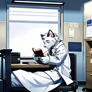 Pure white kitten?The male?Reading a book at a desk in the hospital,Wear a white coat?Pure white?White white white???Pure white?