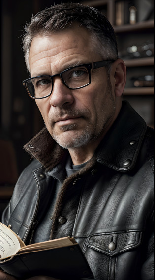 (editorial photograph 9:16of a working man sitting in his living room in, bearded, serious doing his reading, 47 years old, brown eyes), (wearing worn and worn winter shirt, wearing old worn black leather jacket, wearing glasses, detailed:1.3), (highly detailed face:1.4), (background inside dark, grumpy, private study, antique furniture:1.3), (8k, uhd, DSLR,  high quality, cinematic lighting, bokeh), (dramatic and award-winning photography, amazing masterpiece:1.3) (strong depth of field)