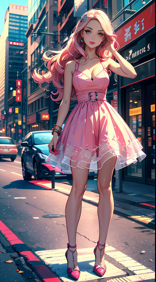 The character is a Barbie, An iconic doll known for its beauty and elegance. She's on a busy street, with tall buildings in the background and cars passing behind. The image is created to be used as a profile, with vibrant colors and strong strokes.

A Barbie tem cabelos loiros longos e olhos azuis brilhantes. She's wearing a light pink dress and a pair of pink high-heeled shoes. Her arms are crossed at her side and she has a soft smile on her face.

Ao fundo, There is a busy street with tall buildings and skyscrapers. There are cars passing by and people walking the streets. The setting is created to emphasize the beauty and modernity of the city.

Barbie's pose suggests that she is a confident and elegant woman, ready to face the world with grace and style. O estilo de imagem foi projetado para ser usado como um perfil, with strong and expressive traits to emphasize the beauty of the character.

O meio utilizado seria a arte digital em estilo de desenho animado, with shading techniques and vibrant colors to create the detailed and realistic look of a Barbie in the city.
