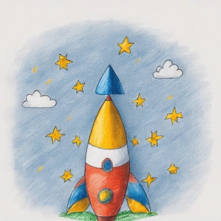 A child's drawing using crayons on a white piece of paper| a rocket ship with stars and moon in distance| poorly drawn| Crayola