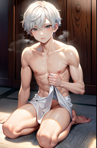 masterpiece, best quality, high quality,  1boy,10yo, , duo, male focus, full body, looking at viewer, white hair,spiky hairstyle, short hair, steam smork, japan style,  anime coloring, shy, home muji style, detailed face, topless, white towel on waist,