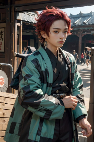 (1 boy:1.4),Background with?having katana?((station))?Crowds?the met?(Male face details:1.4),eye detailed,Cute,Looking at Viewer, Ad Label Boy,Cute face,Description Empty,Handsome,??,Juvenile,((masutepiece:1.4,Best Quality)),Multiple details, eyeshadows,SFW, Full Shot, Green Valley, (Tanjiro), (Original outfit), (Scar,scar on forehead, Checkered clothing, 1boy, Red hair),Green and black clothes,